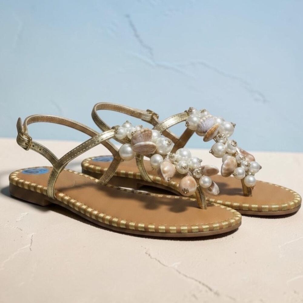 Jessica Simpson Women's Faux Pearl and Shells Thong Sandals NWOB Size 6.5